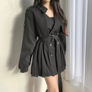 Back Pleated Belted Short Trench Coat Dress Jacket