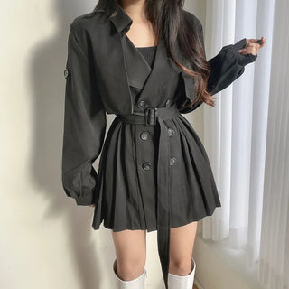 Back Pleated Belted Short Trench Coat Dress Jacket
