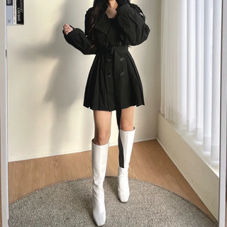 Back Pleated Belted Short Trench Coat Dress Jacket
