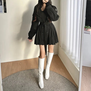 Back Pleated Belted Short Trench Coat Dress Jacket