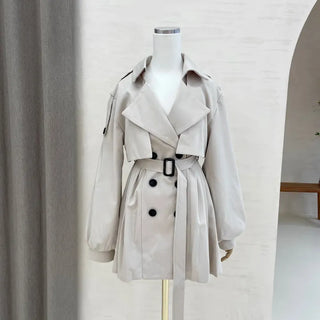 Back Pleated Belted Short Trench Coat Dress Jacket