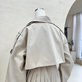 Back Pleated Belted Short Trench Coat Dress Jacket