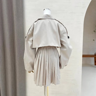 Back Pleated Belted Short Trench Coat Dress Jacket