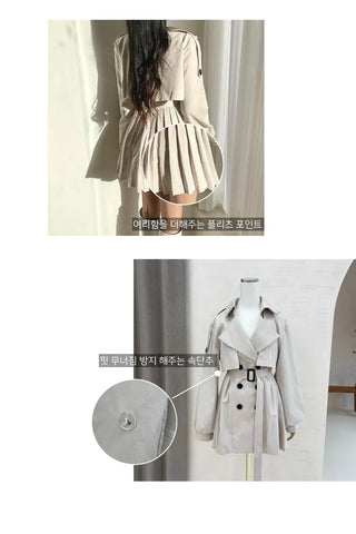 Back Pleated Belted Short Trench Coat Dress Jacket