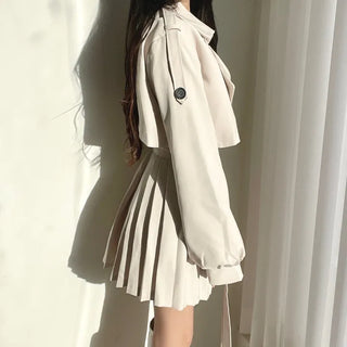 Back Pleated Belted Short Trench Coat Dress Jacket