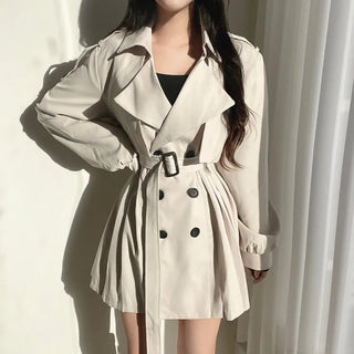 Back Pleated Belted Short Trench Coat Dress Jacket