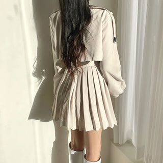 Back Pleated Belted Short Trench Coat Dress Jacket