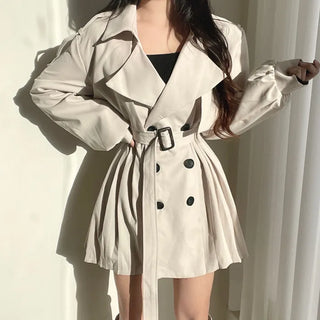 Back Pleated Belted Short Trench Coat Dress Jacket
