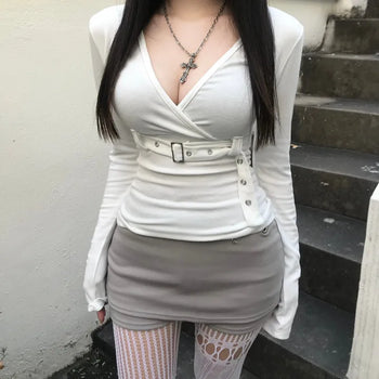 Belted V-neck Wrap Long Sleeve T-shirt Tee Belt