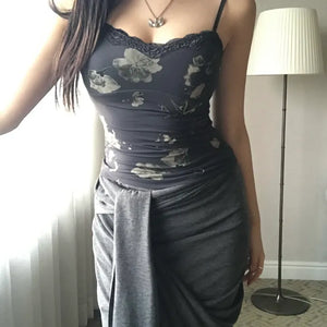 Vintage Oriental Flower Sleeveless Lace Strappy Bustier Stretch