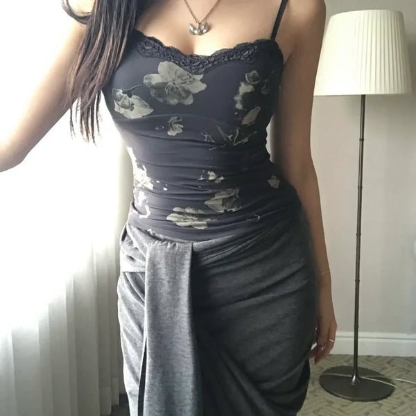Vintage Oriental Flower Sleeveless Lace Strappy Bustier Stretch