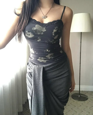 Vintage Oriental Flower Sleeveless Lace Strappy Bustier Stretch