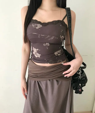Vintage Oriental Flower Sleeveless Lace Strappy Bustier Stretch