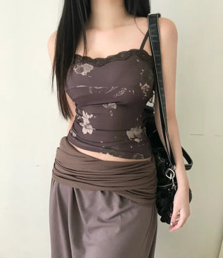 Vintage Oriental Flower Sleeveless Lace Strappy Bustier Stretch