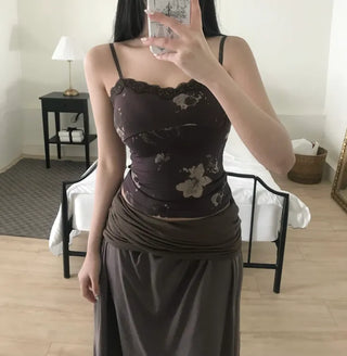 Vintage Oriental Flower Sleeveless Lace Strappy Bustier Stretch