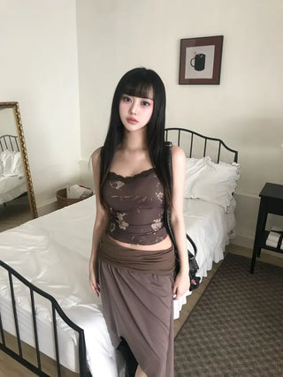 Vintage Oriental Flower Sleeveless Lace Strappy Bustier Stretch