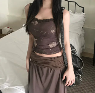 Vintage Oriental Flower Sleeveless Lace Strappy Bustier Stretch