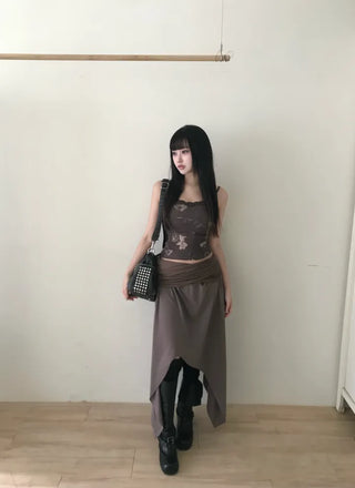 Vintage Oriental Flower Sleeveless Lace Strappy Bustier Stretch