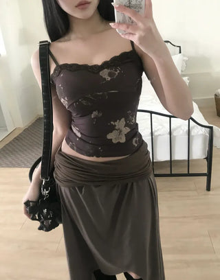 Vintage Oriental Flower Sleeveless Lace Strappy Bustier Stretch