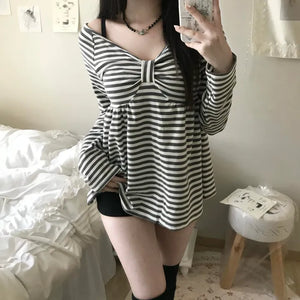 Rush Striped Ribbon Flare Tee Long Sleeve Off-shoulder