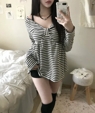 Rush Striped Ribbon Flare Tee Long Sleeve Off-shoulder