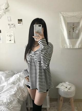 Rush Striped Ribbon Flare Tee Long Sleeve Off-shoulder
