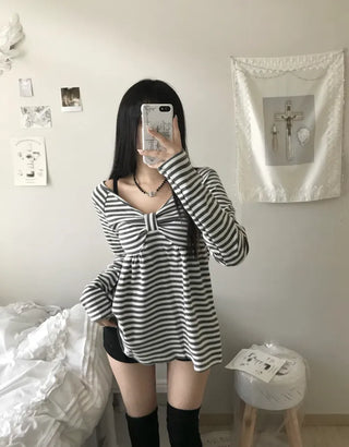 Rush Striped Ribbon Flare Tee Long Sleeve Off-shoulder