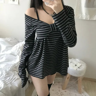 Rush Striped Ribbon Flare Tee Long Sleeve Off-shoulder