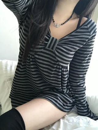 Rush Striped Ribbon Flare Tee Long Sleeve Off-shoulder