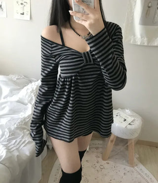 Rush Striped Ribbon Flare Tee Long Sleeve Off-shoulder