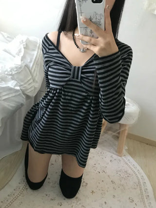 Rush Striped Ribbon Flare Tee Long Sleeve Off-shoulder