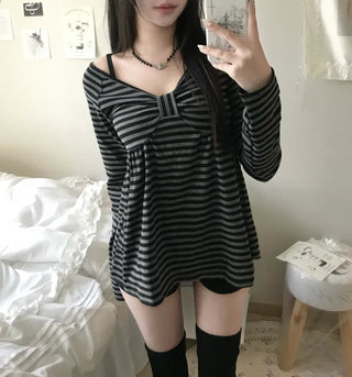 Rush Striped Ribbon Flare Tee Long Sleeve Off-shoulder