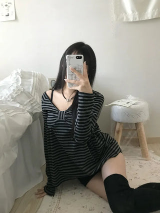 Rush Striped Ribbon Flare Tee Long Sleeve Off-shoulder