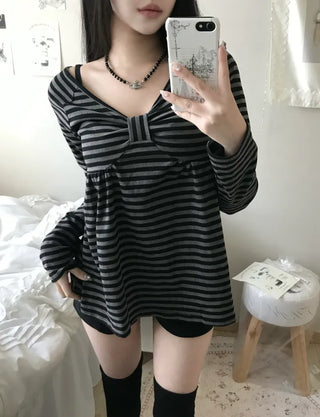 Rush Striped Ribbon Flare Tee Long Sleeve Off-shoulder