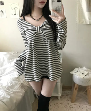 Rush Striped Ribbon Flare Tee Long Sleeve Off-shoulder