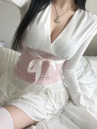 Berry Ribbon Shirring Contrast V-Neck Wrap Long Sleeve