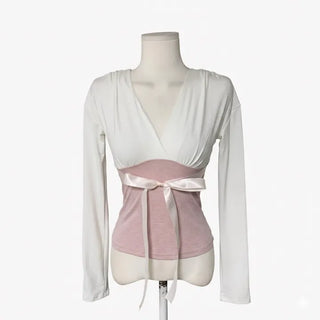 Berry Ribbon Shirring Contrast V-Neck Wrap Long Sleeve