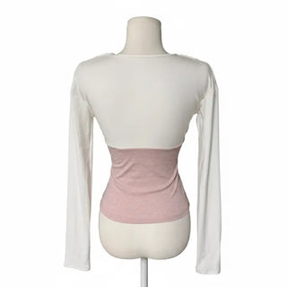 Berry Ribbon Shirring Contrast V-Neck Wrap Long Sleeve