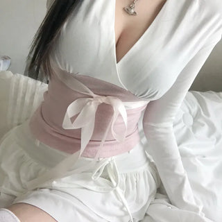 Berry Ribbon Shirring Contrast V-Neck Wrap Long Sleeve