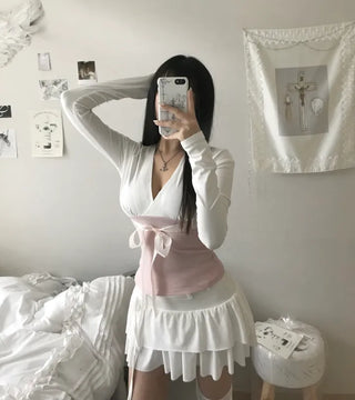 Berry Ribbon Shirring Contrast V-Neck Wrap Long Sleeve