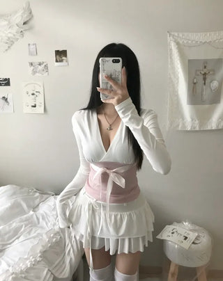 Berry Ribbon Shirring Contrast V-Neck Wrap Long Sleeve