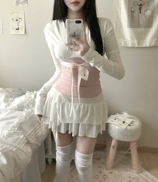 Berry Ribbon Shirring Contrast V-Neck Wrap Long Sleeve
