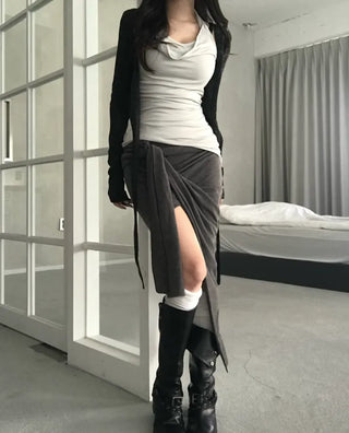 Haas Asymmetrical Stram Wrap Skirt Long Midi Elastic