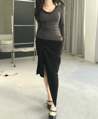 Haas Asymmetrical Stram Wrap Skirt Long Midi Elastic