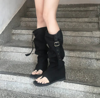 Buckle flip-flops hidden heel boots summer belt eyelet