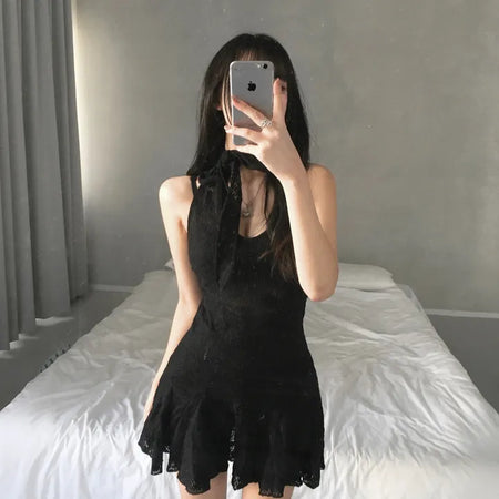 Rose See-through Brushed Halterneck Dress Flare Halter Spring