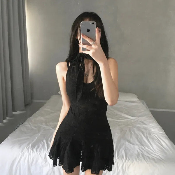 Rose See-through Brushed Halterneck Dress Flare Halter Spring