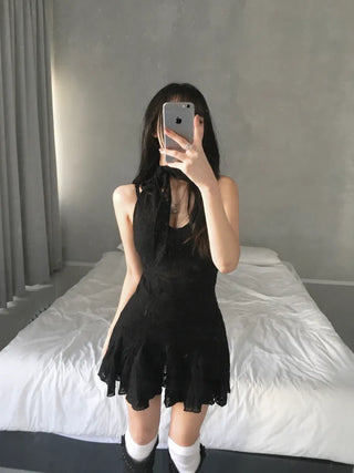 Rose See-through Brushed Halterneck Dress Flare Halter Spring