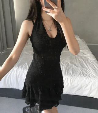 Rose See-through Brushed Halterneck Dress Flare Halter Spring
