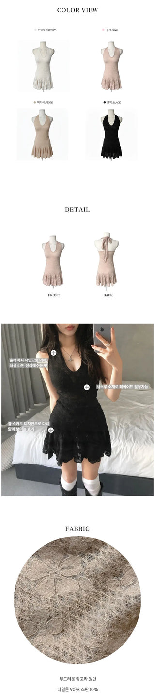 Rose See-through Brushed Halterneck Dress Flare Halter Spring